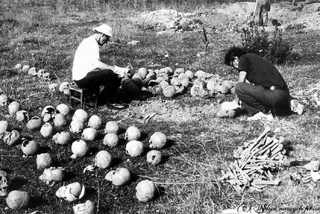 Ekshumacja ofiar z mogił zbiorowych w Woli Ostrowieckiej pow. lubomelski na Wołyniu, 1992 r. Fot. AIPN